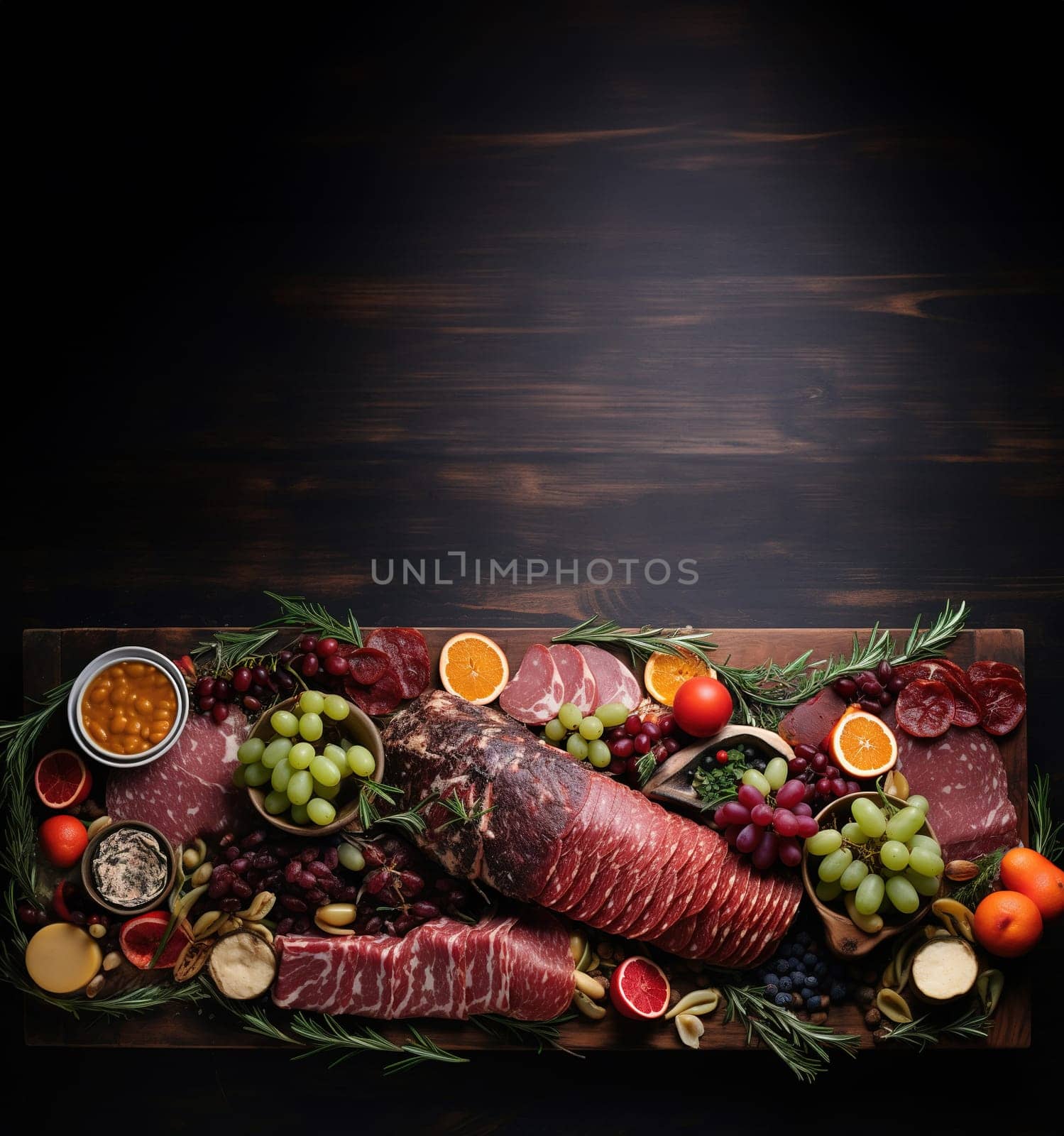 large board with various snacks of cheese, ham, salami and fruits on the holiday table, plate for Christmas top view, copy space, large assortment of delicacies on wooden background, Generated AI