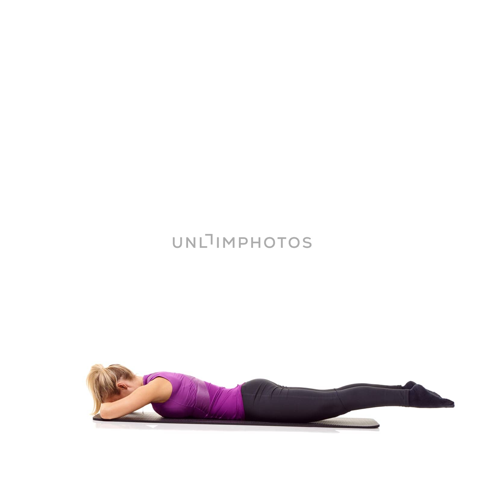 Yoga mat, health and fitness with woman in studio for stretching, exercise and wellness. Workout, relax and self care with female person on floor of white background for pilates, body or mockup space.