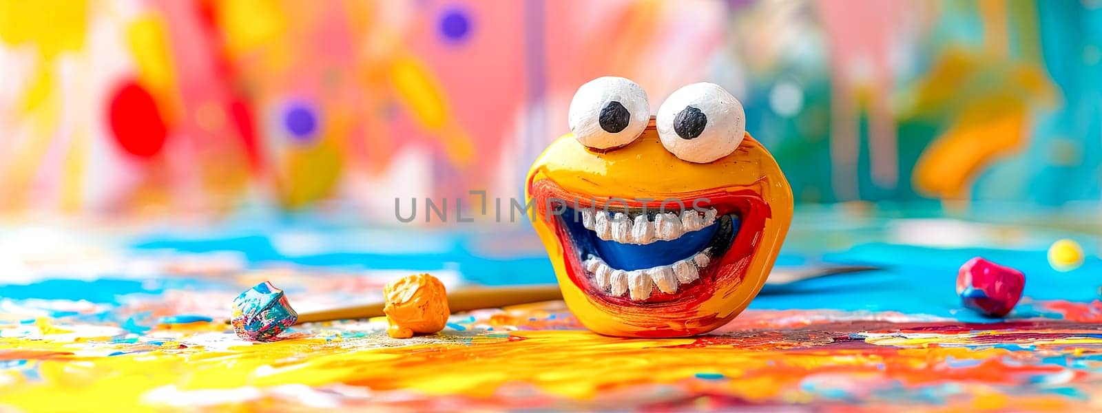 smiling face painted on a rounded object, surrounded by artistic chaos of paint splatters and creative tools by Edophoto