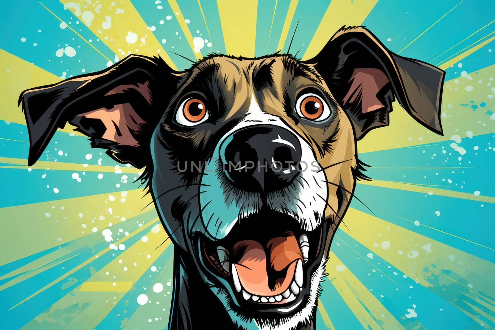 Funny Happy Dog Portrait Illustration: Cute Cartoon Puppy with Red and White Coat, Expressive Eyes, and Curious Ears, on Colorful Retro Comic Style Background, Concept of a Playful Pet with a Pop Art Twist. by Vichizh