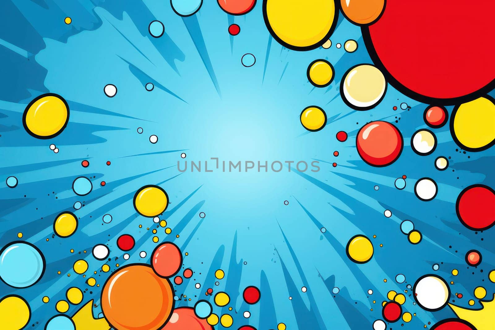 Pop Explosion: Retro Cartoon Graphic Design with Abstract Burst of Colorful, Bright Halftone Comic Bubble on Vintage Blue Background by Vichizh