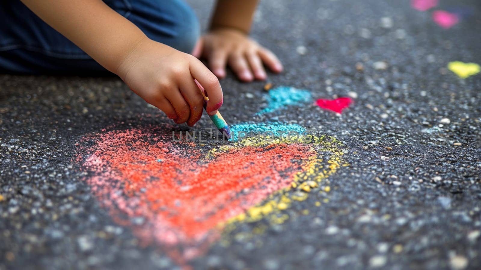 child draws a heart with colored chalk on the asphalt. Art Selective focus. Generative AI,