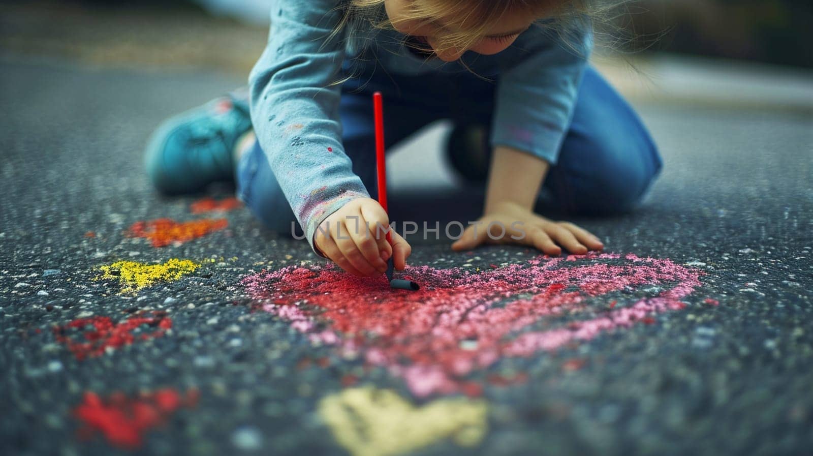child draws a heart with colored chalk on the asphalt. Art Selective focus. Generative AI,