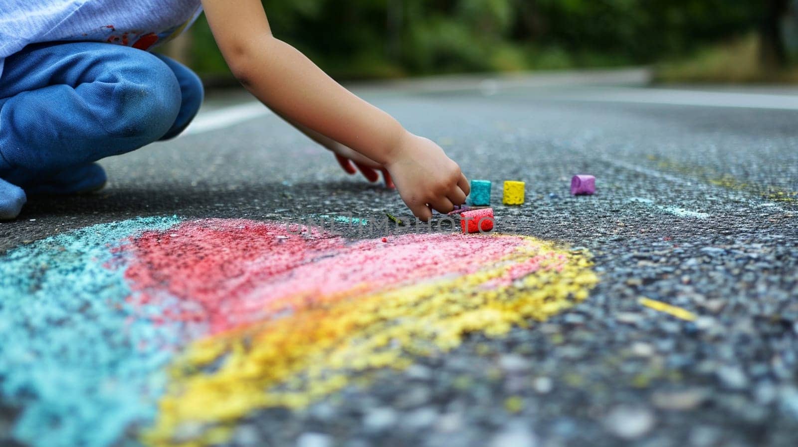 child draws a heart with colored chalk on the asphalt. Selective focus. Generative AI, by mila1784