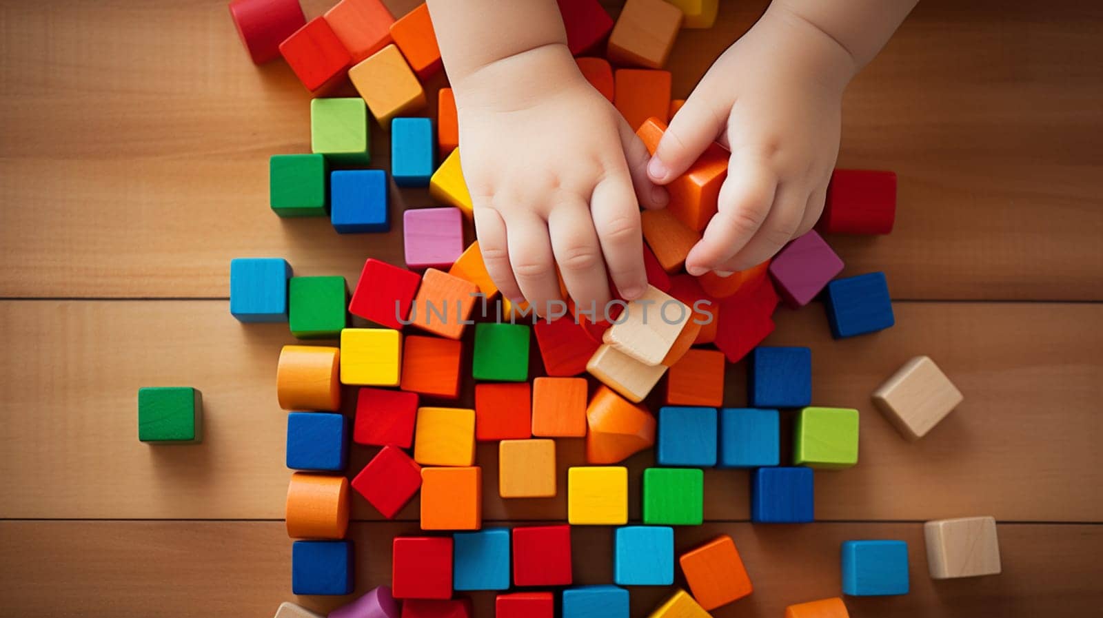 Child playing with small colored cubes. selective focus. Generative AI, by mila1784