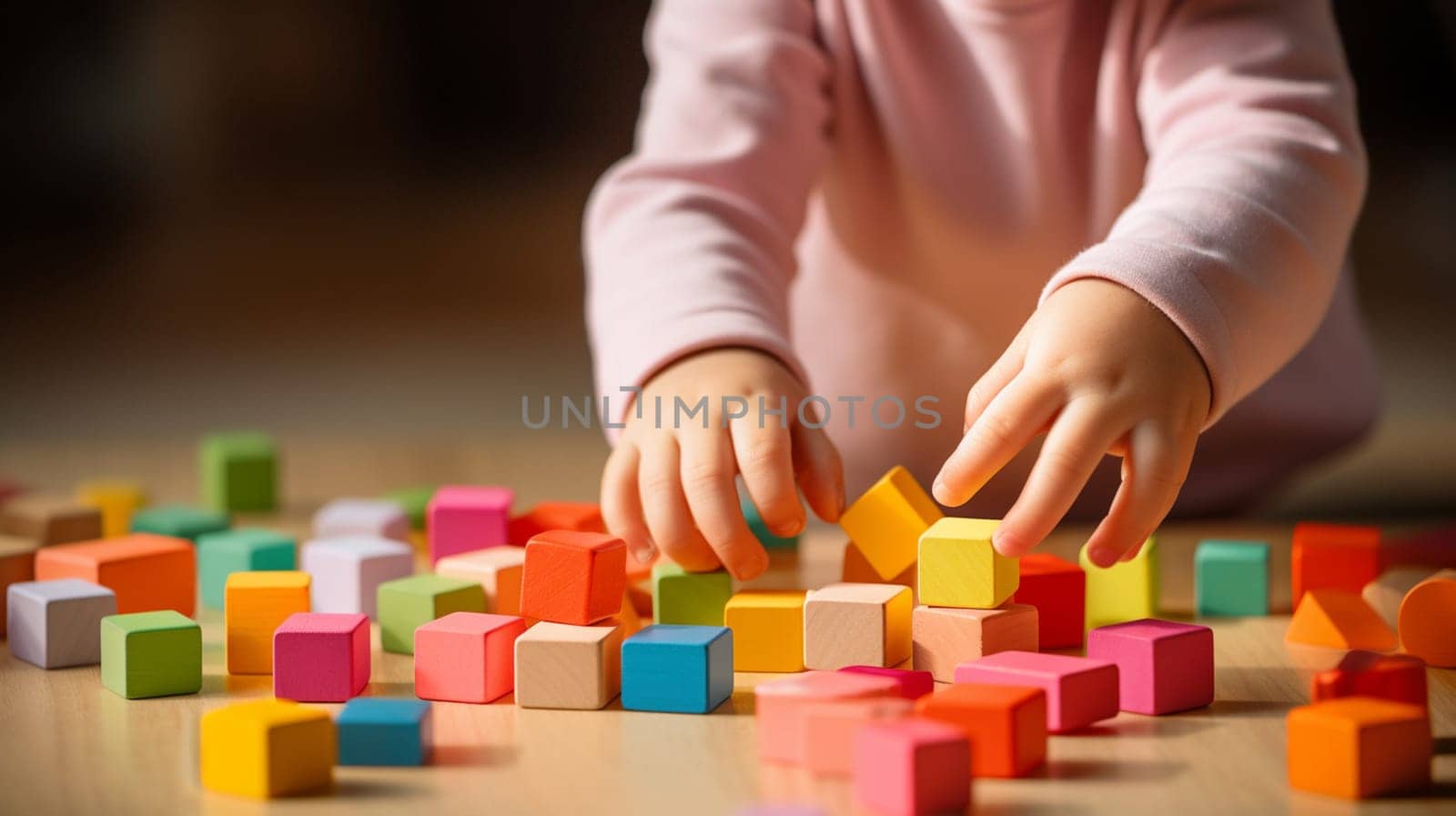 Child playing with small colored cubes. selective focus. Generative AI, by mila1784