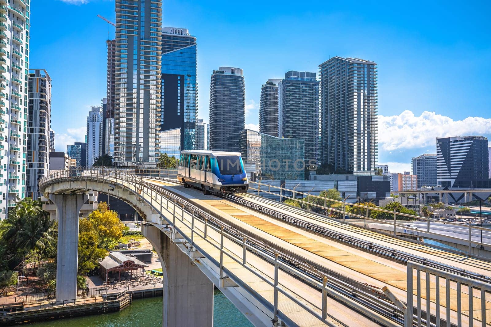 Miami downtown skyline and futuristic mover train view, Florida  by xbrchx
