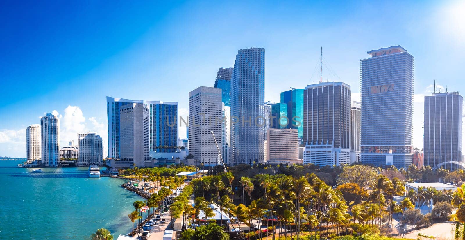 Miami skyline and Byfront park  bright sunny day panoramic view, Florida, United States of America