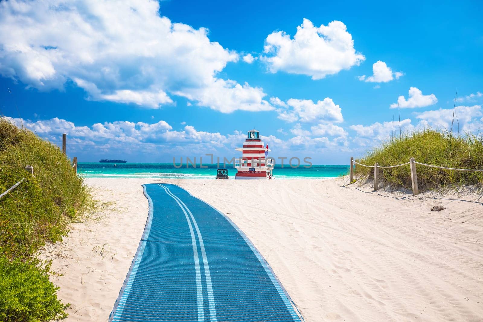 Miami Beach colorful sand beach and lifeguard post jetty view, Florida by xbrchx