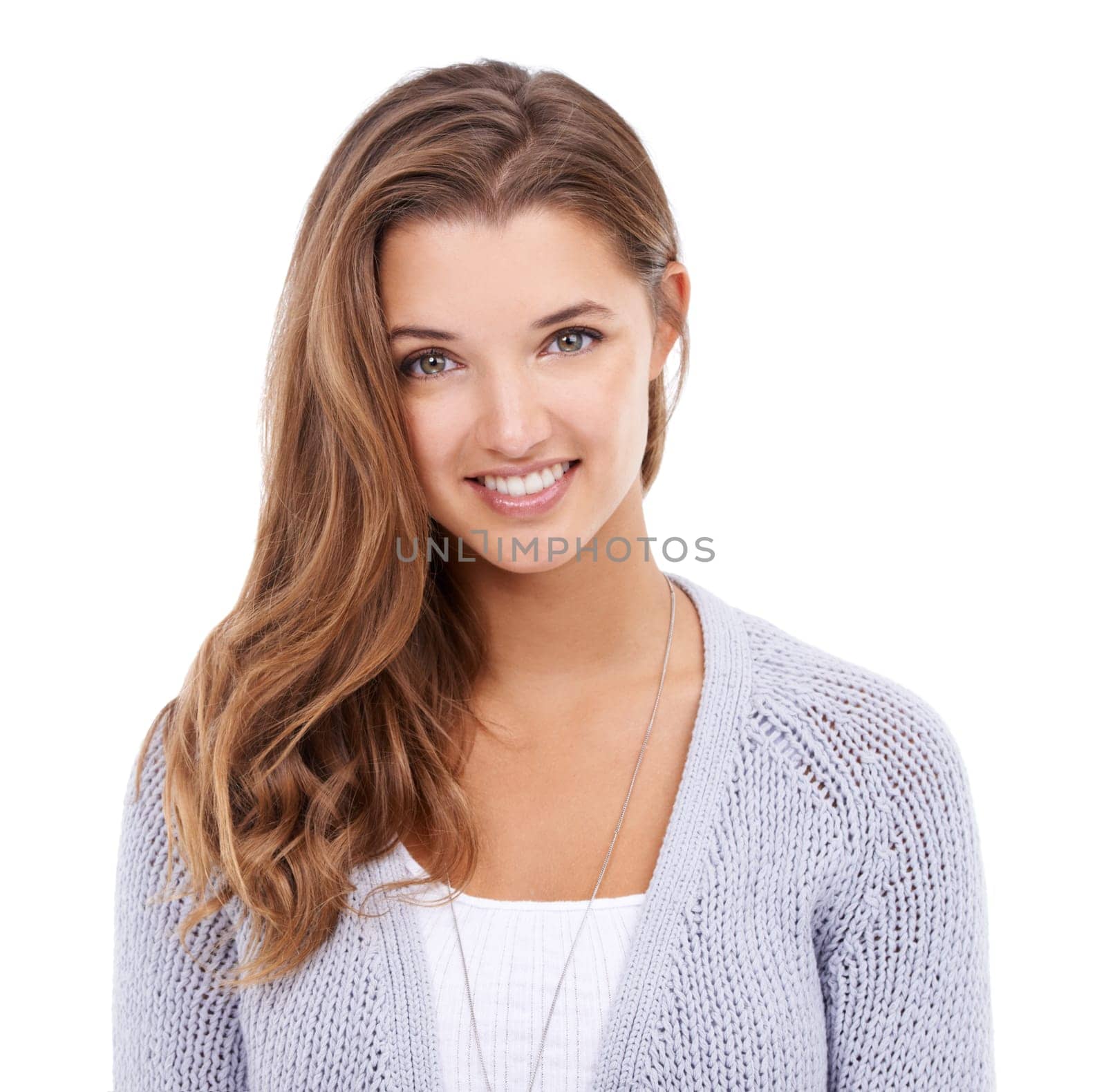 Portrait, hair and happy woman in studio for beauty, care or shampoo results on white background. Haircare, face and female model with conditioner, treatment or smooth, texture or growth satisfaction.