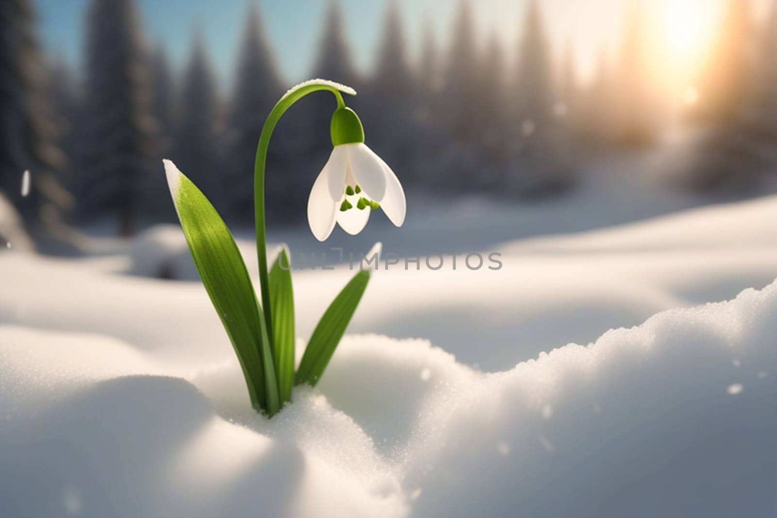 Snowdrop flowers in the snow. Primroses in the forest on a sunny day. Postcard for the March holidays