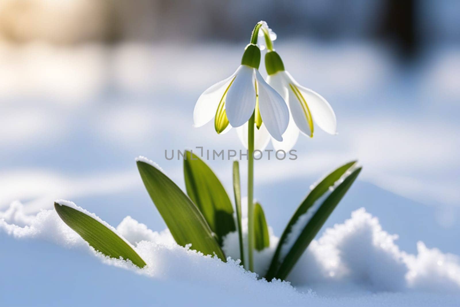 First flowers. Spring snowdrops bloom in the snow