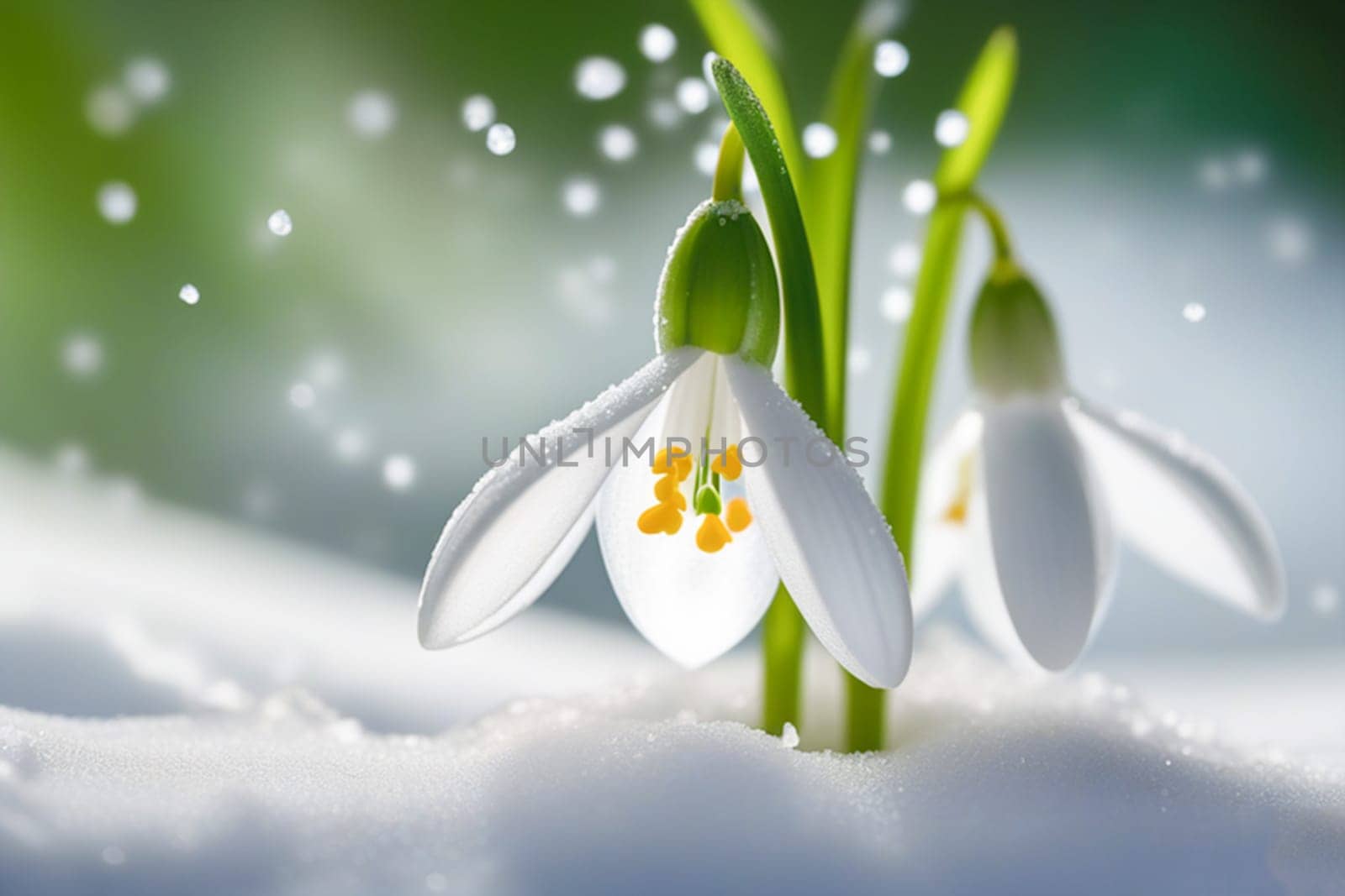 First flowers. Spring snowdrops flowers in the snow. by Ekaterina34