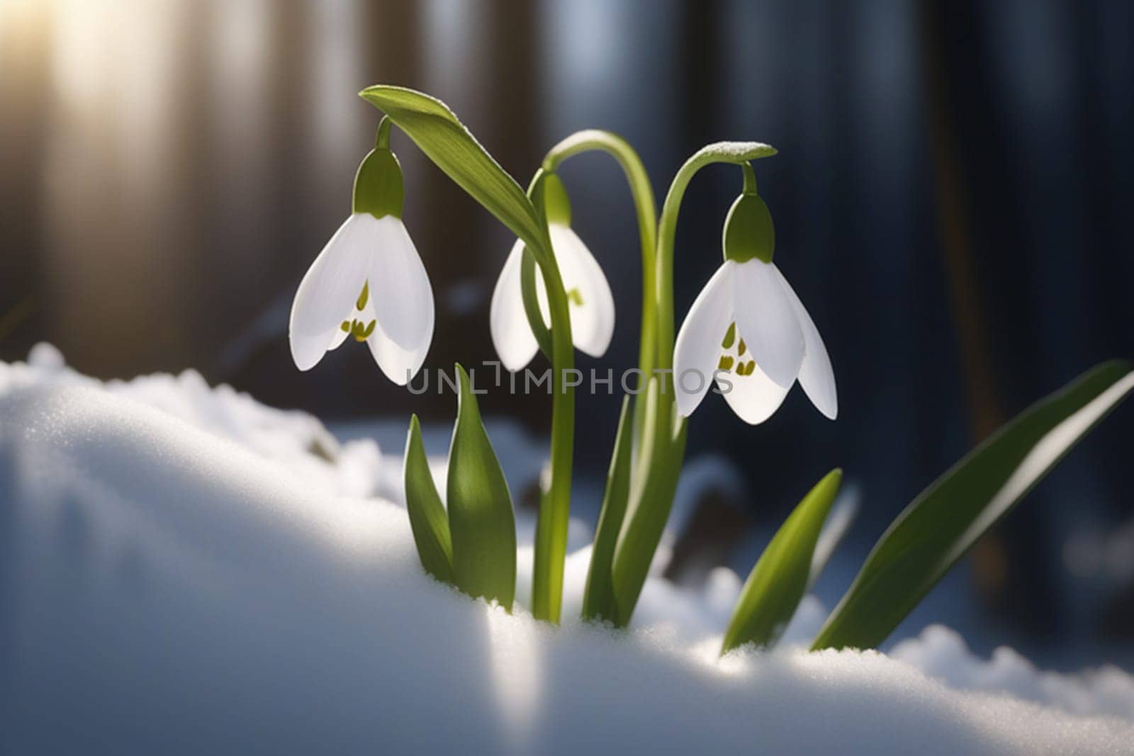 Beautiful first flowers snowdrops in spring forest. Tender spring flowers snowdrops harbingers of warming symbolize the arrival of spring. Scenic view of the spring forest with blooming flowers by Ekaterina34