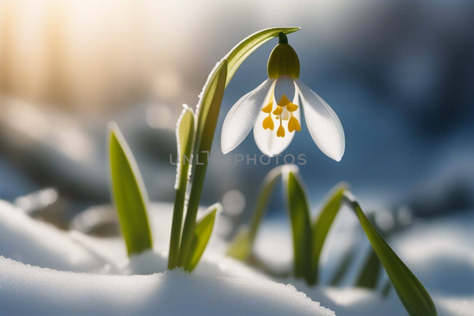 Spring snowdrop flowers with water drops in spring forest by Ekaterina34