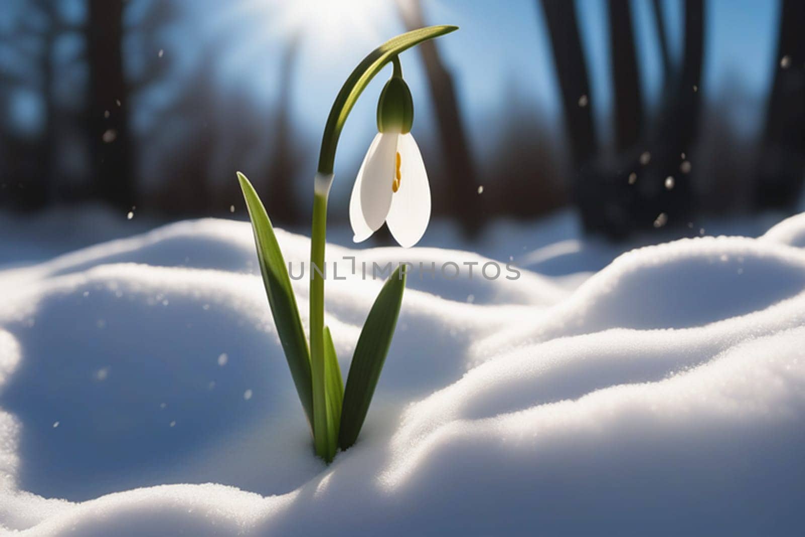 Beautiful first snowdrop flowers in the spring forest. Delicate spring flowers, snowdrops, are harbingers of warming and symbolize the arrival of spring. Scenic view of a spring forest with blooming flowers by Ekaterina34