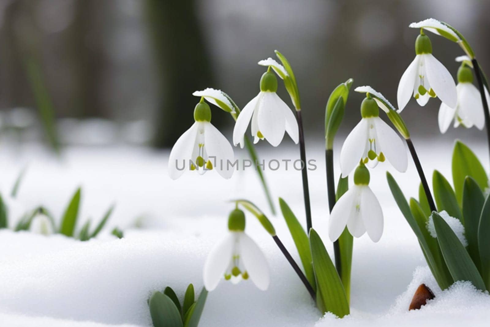 First flowers. Spring snowdrops bloom in the snow. by Ekaterina34