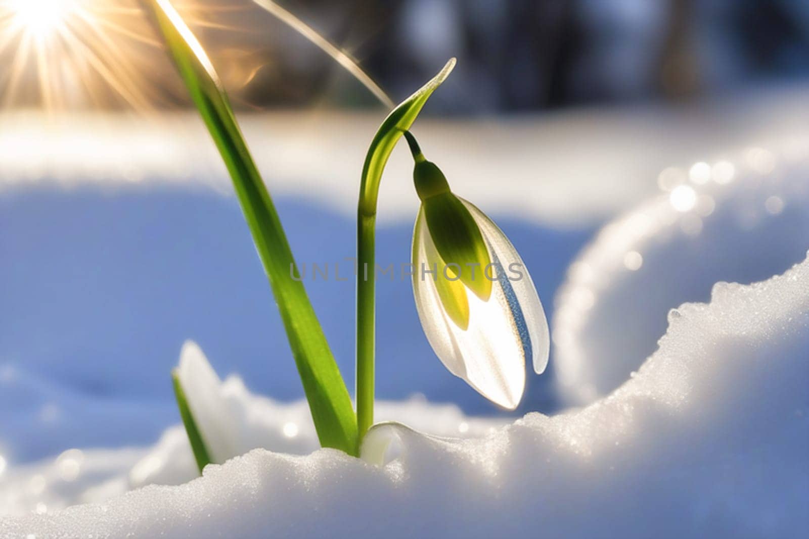 Snowdrop flowers in the snow. Primroses in the forest on a sunny day. Postcard for the March holidays. by Ekaterina34