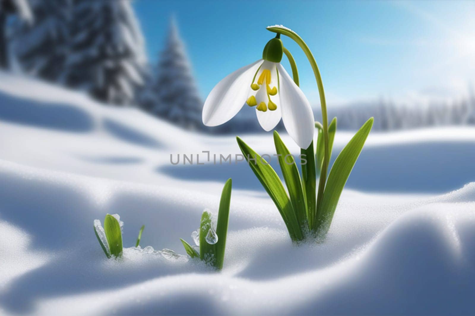 First flowers. Spring snowdrops bloom in the snow. by Ekaterina34