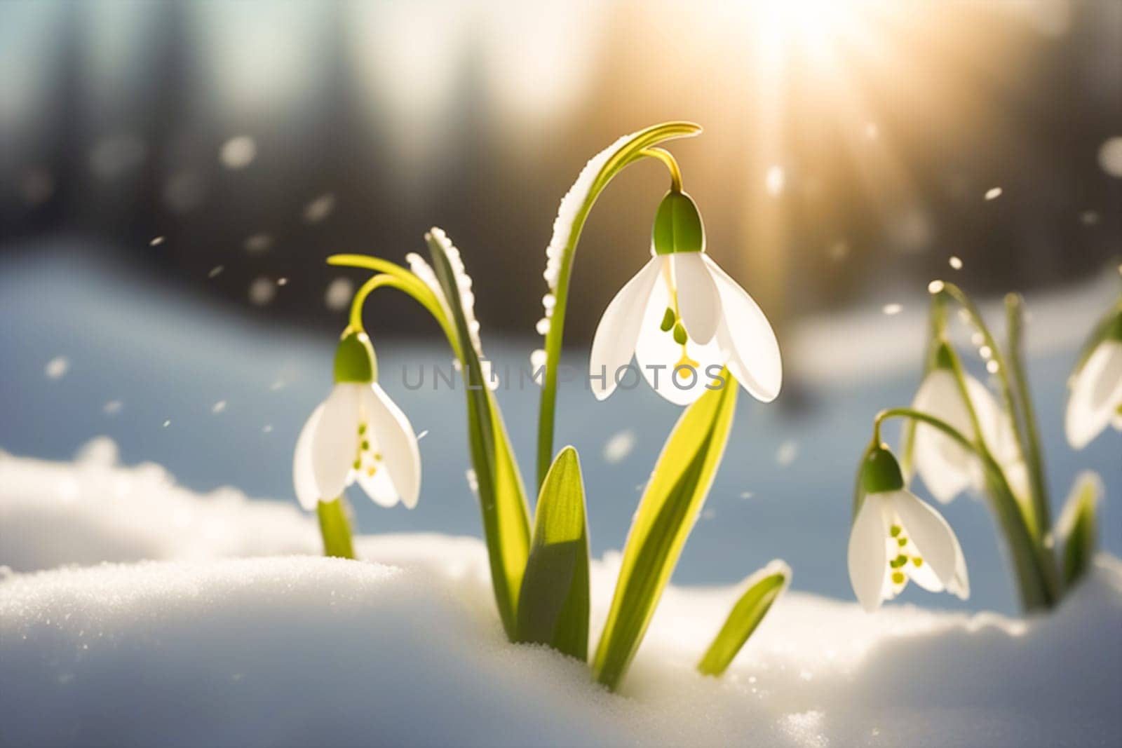 Spring snowdrop flowers with water drops in spring forest by Ekaterina34