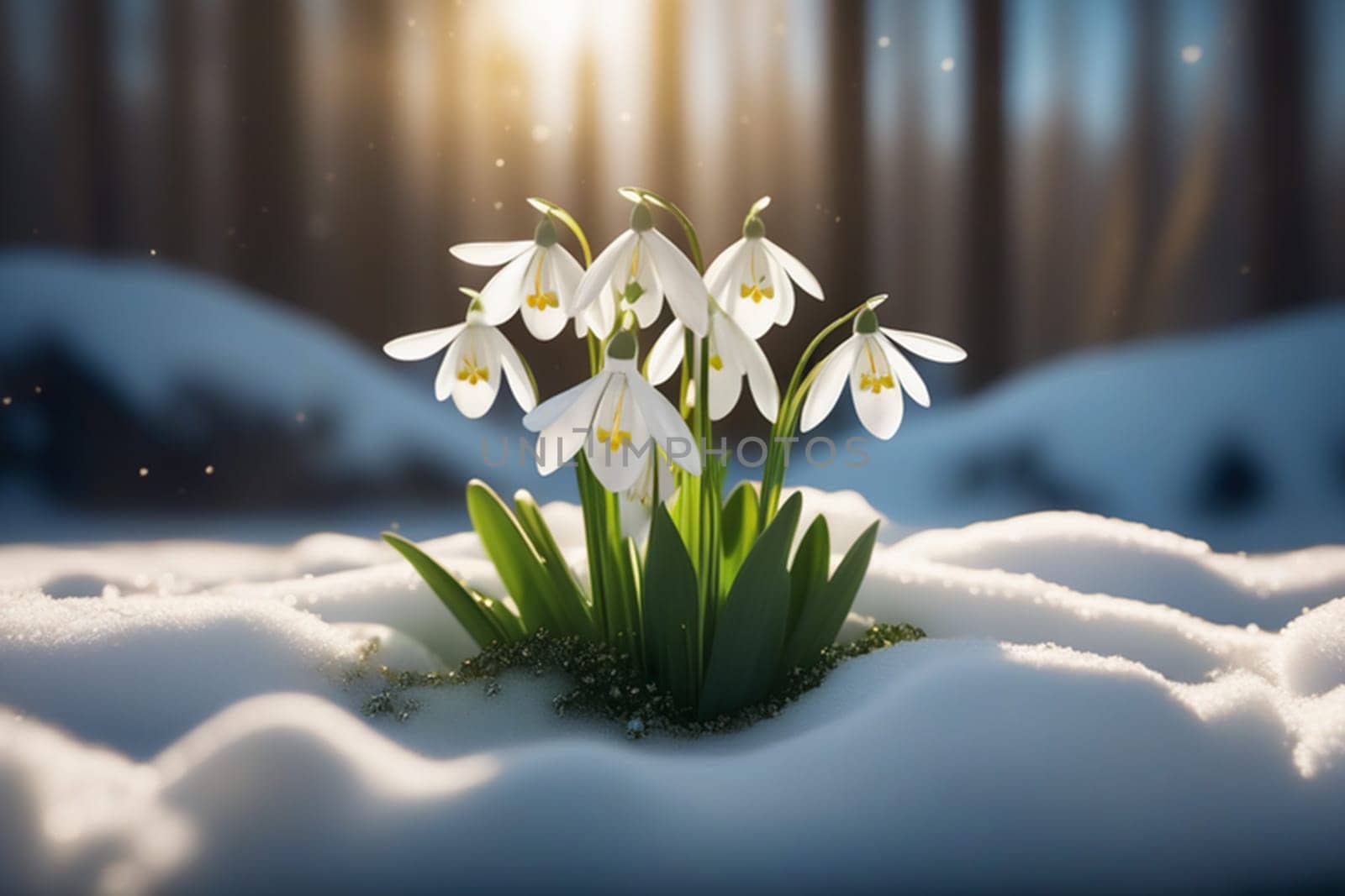 Beautiful first snowdrop flowers in the spring forest. Delicate spring flowers, snowdrops, are harbingers of warming and symbolize the arrival of spring. Scenic view of a spring forest with blooming flowers.