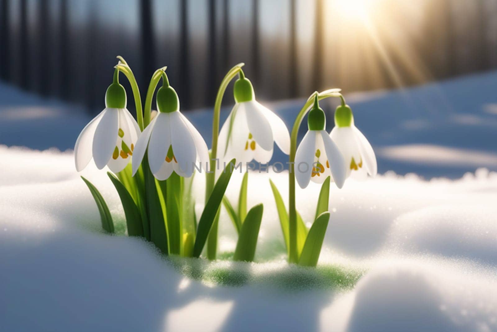 Beautiful first flowers snowdrops in spring forest. Tender spring flowers snowdrops harbingers of warming symbolize the arrival of spring. Scenic view of the spring forest with blooming flowers by Ekaterina34