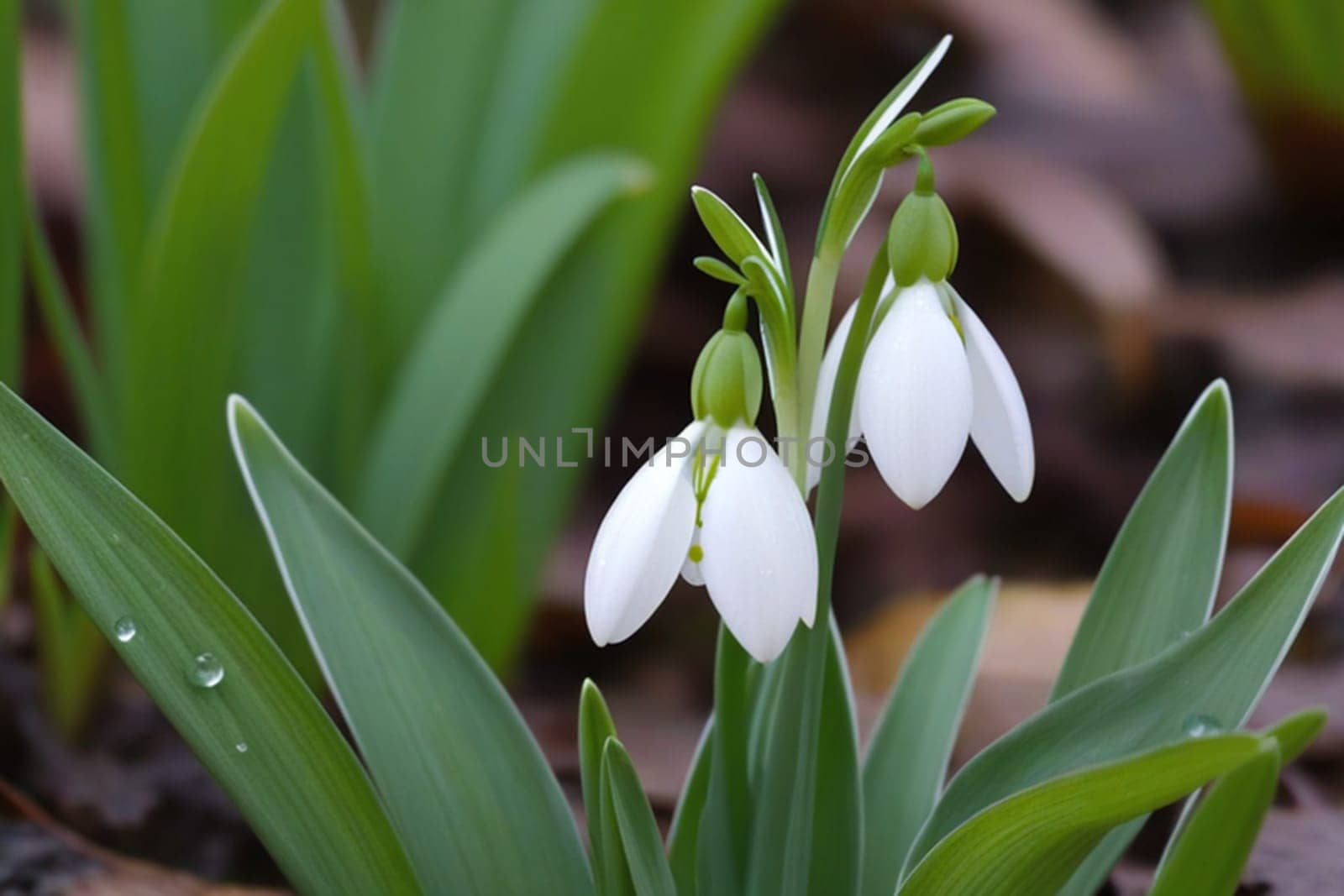 Beautiful first flowers snowdrops in spring forest. Tender spring flowers snowdrops harbingers of warming symbolize the arrival of spring. Scenic view of the spring forest with blooming flowers.