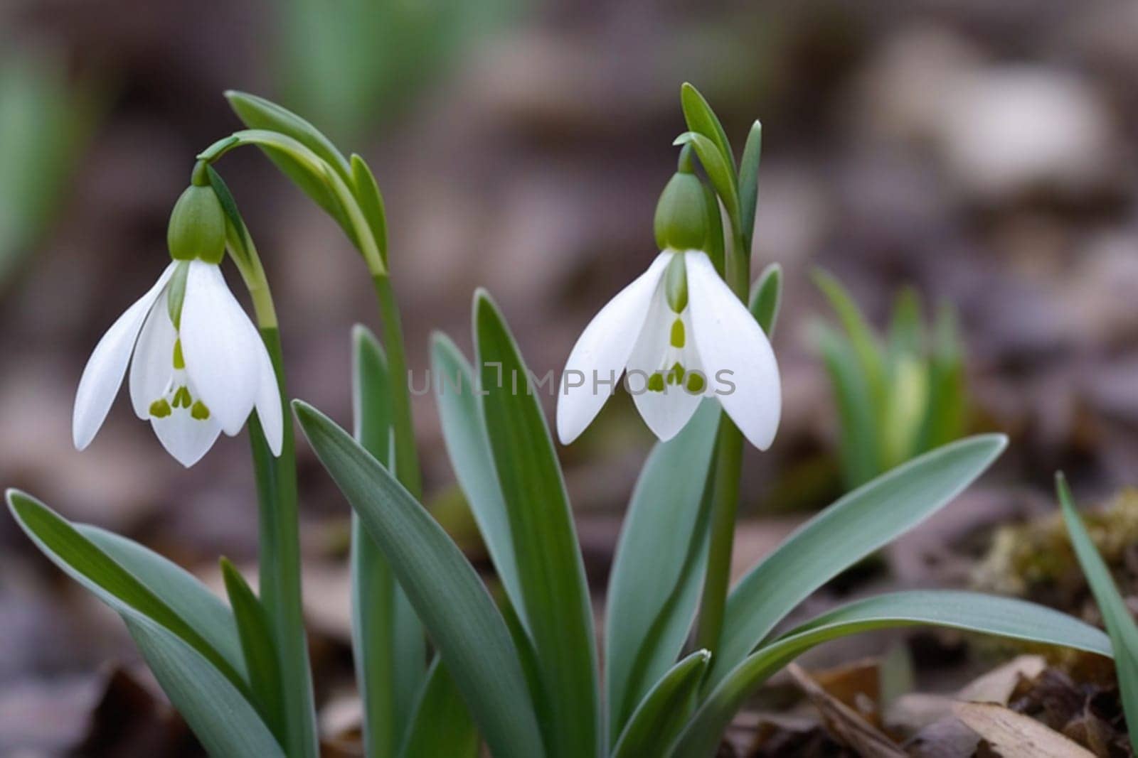 Beautiful first flowers snowdrops in spring forest. Tender spring flowers snowdrops harbingers of warming symbolize the arrival of spring. Scenic view of the spring forest with blooming flowers.