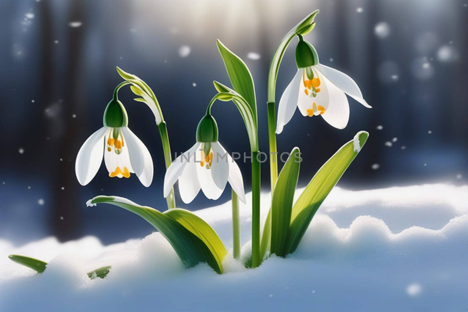 Beautiful first flowers snowdrops in spring forest. Tender spring flowers snowdrops harbingers of warming symbolize the arrival of spring. Scenic view of the spring forest with blooming flowers by Ekaterina34