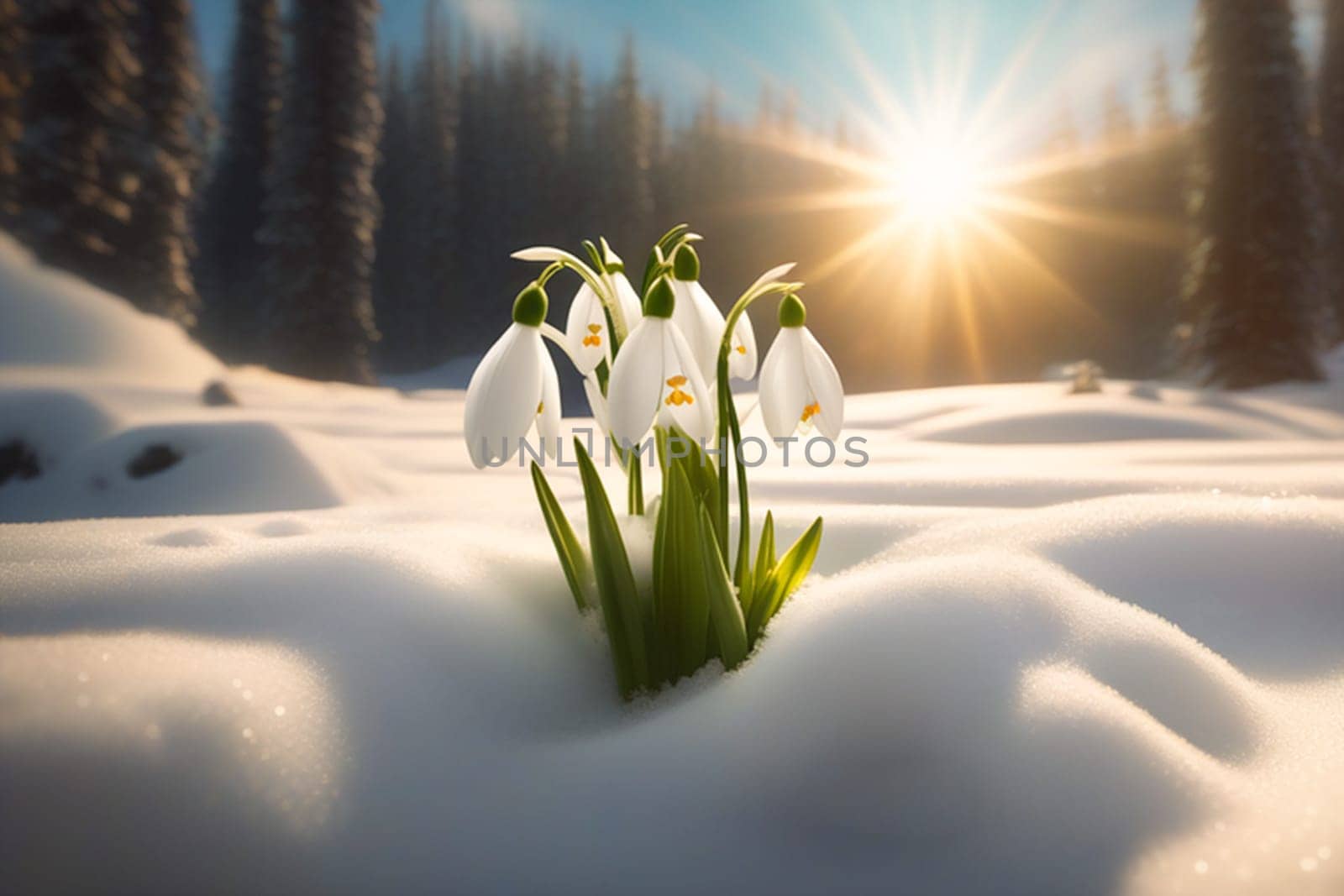 Spring snowdrop flowers with water drops in spring forest.