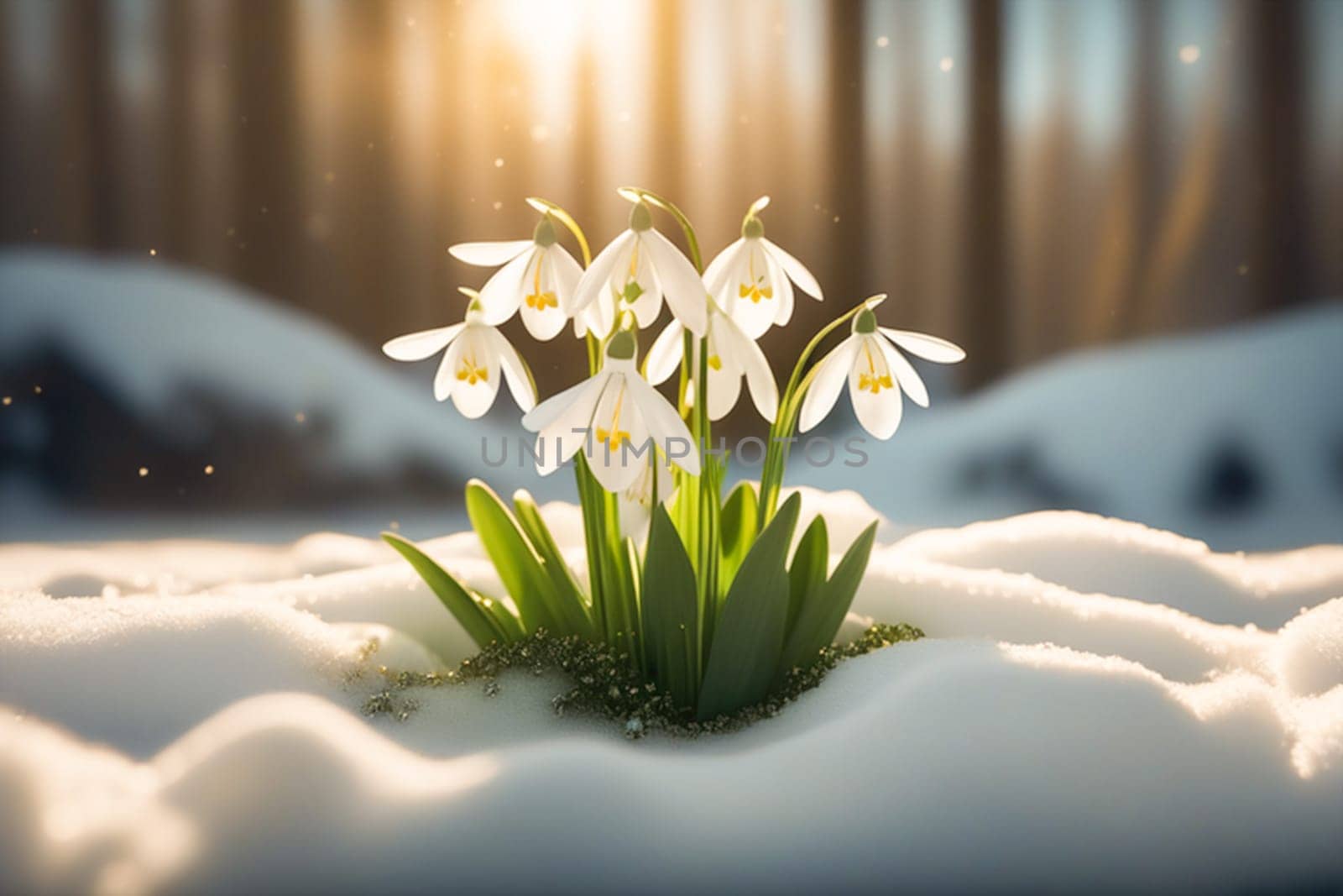 Spring snowdrop flowers with water drops in spring forest.