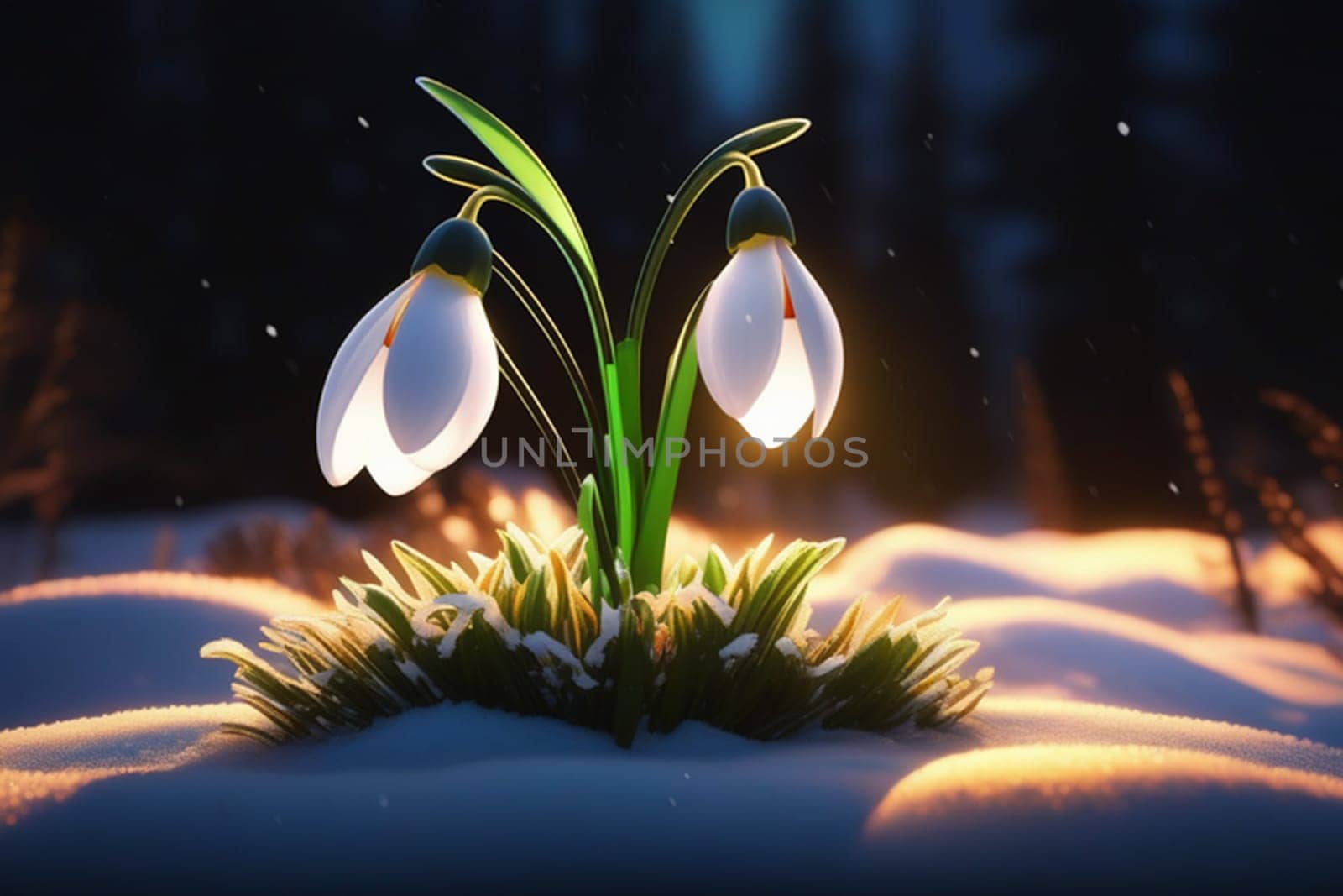 Spring snowdrop flowers with water drops in spring forest by Ekaterina34