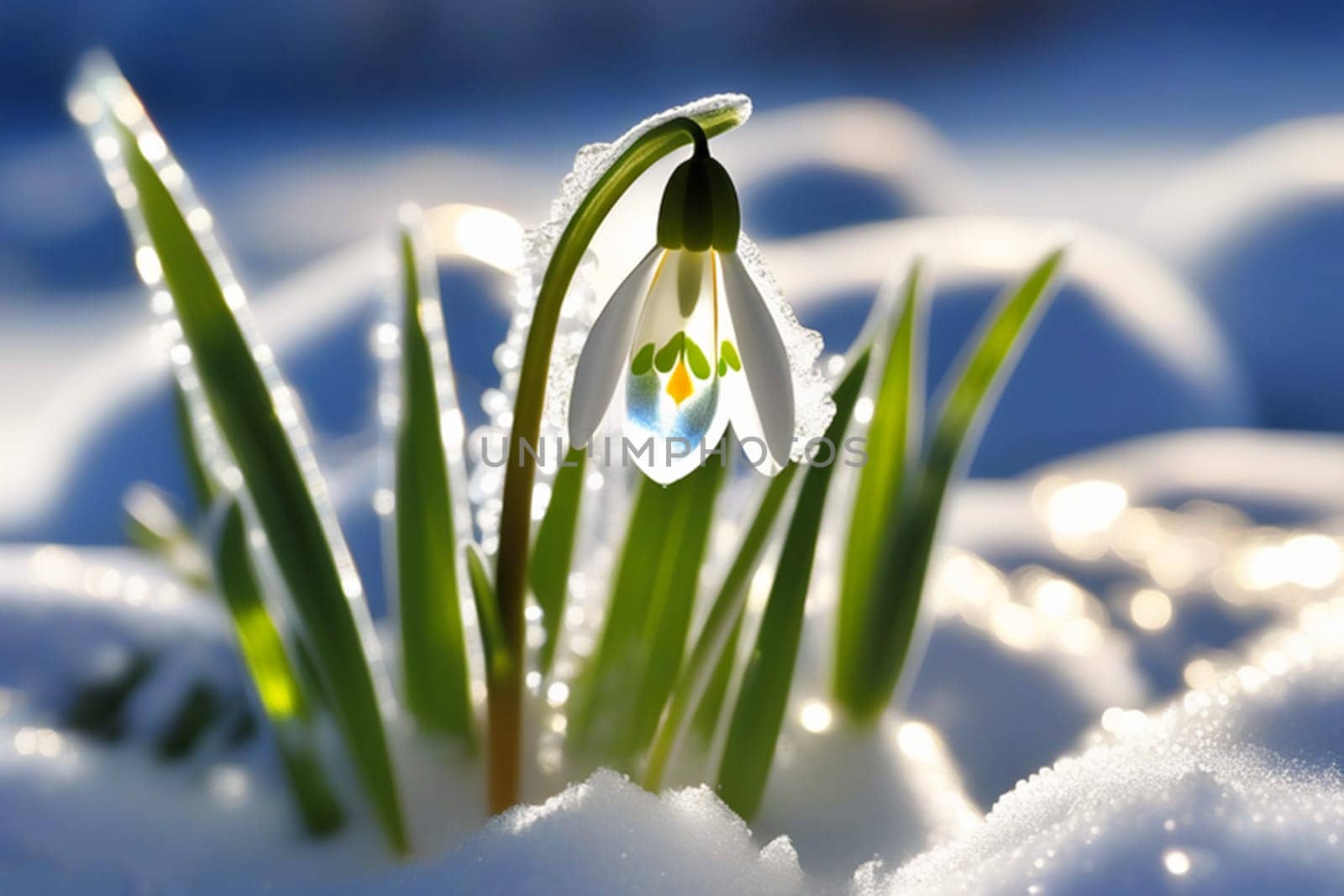 Spring snowdrop flowers with water drops in spring forest.