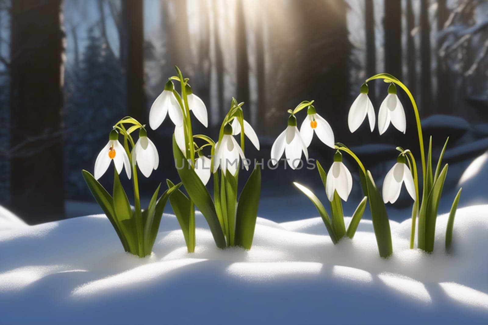 Beautiful first snowdrop flowers in the spring forest. Delicate spring flowers, snowdrops, are harbingers of warming and symbolize the arrival of spring. Scenic view of a spring forest with blooming flowers by Ekaterina34