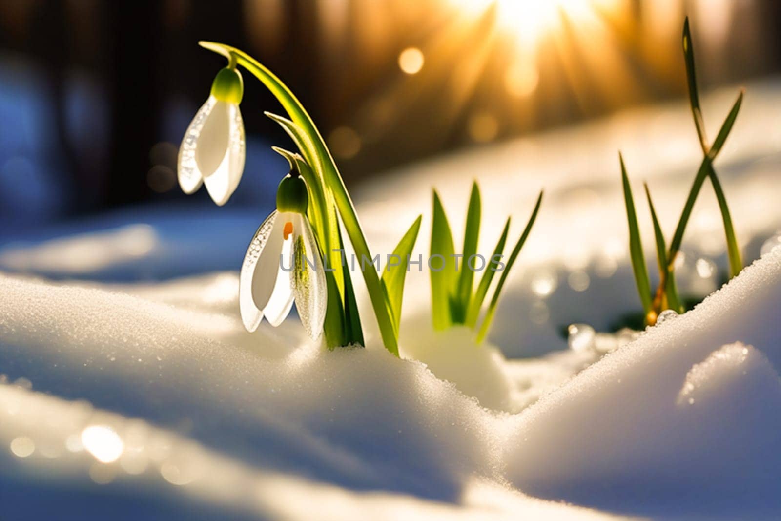 Snowdrop flowers in the snow. Primroses in the forest on a sunny day. Postcard for the March holidays