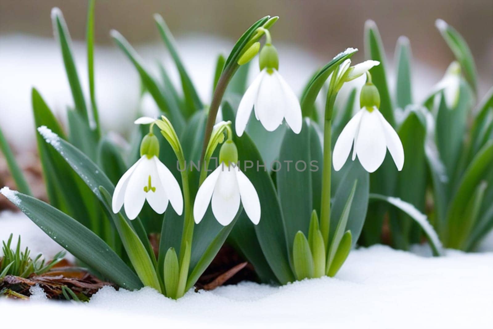 Beautiful first flowers snowdrops in spring forest. Tender spring flowers snowdrops harbingers of warming symbolize the arrival of spring. Scenic view of the spring forest with blooming flowers.