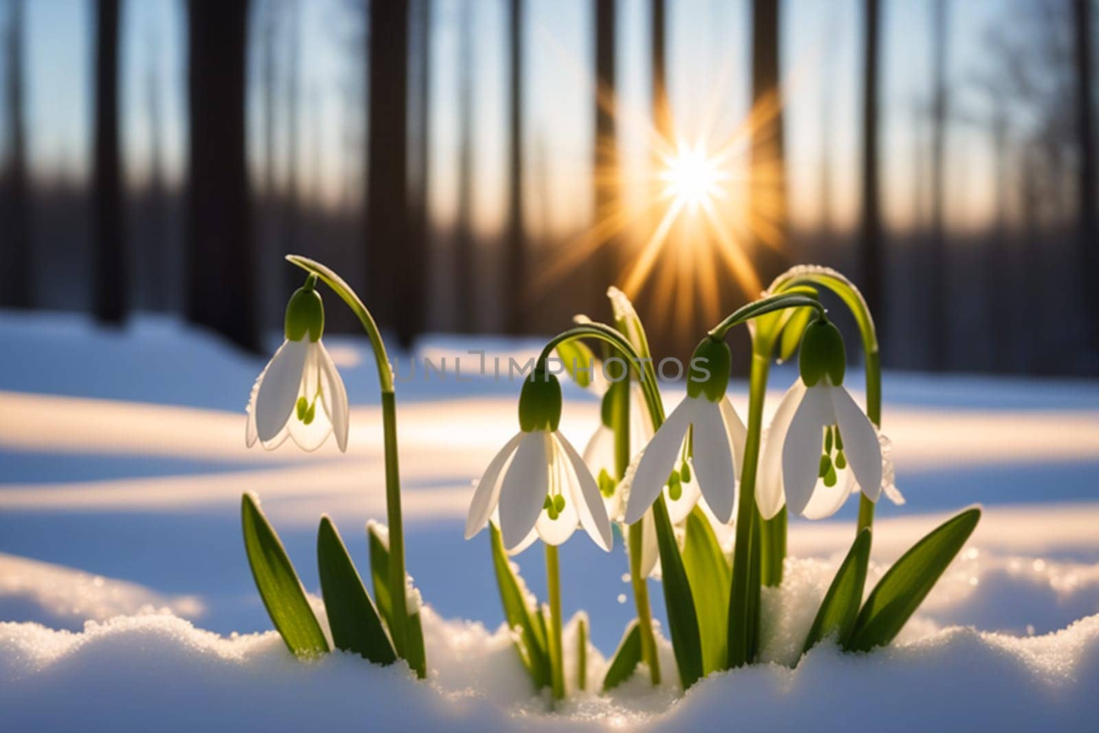 Beautiful first snowdrop flowers in the spring forest. Delicate spring flowers, snowdrops, are harbingers of warming and symbolize the arrival of spring. Scenic view of a spring forest with blooming flowers by Ekaterina34