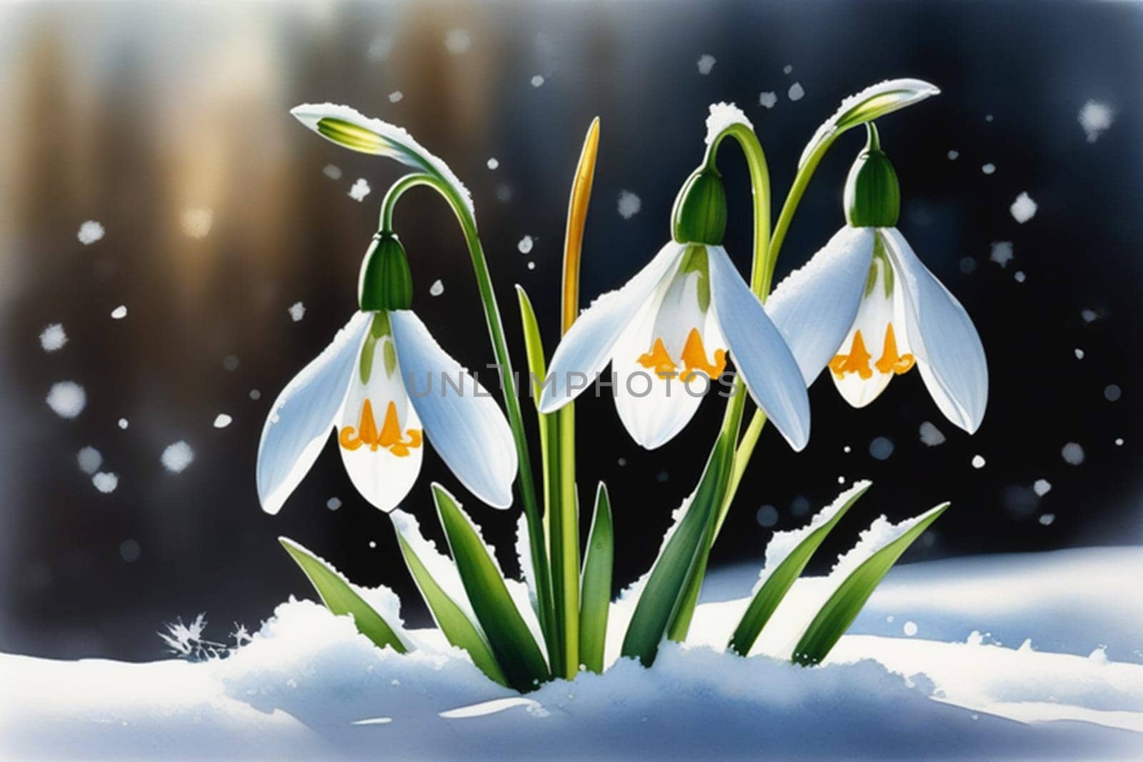 First flowers. Spring snowdrops bloom in the snow. by Ekaterina34