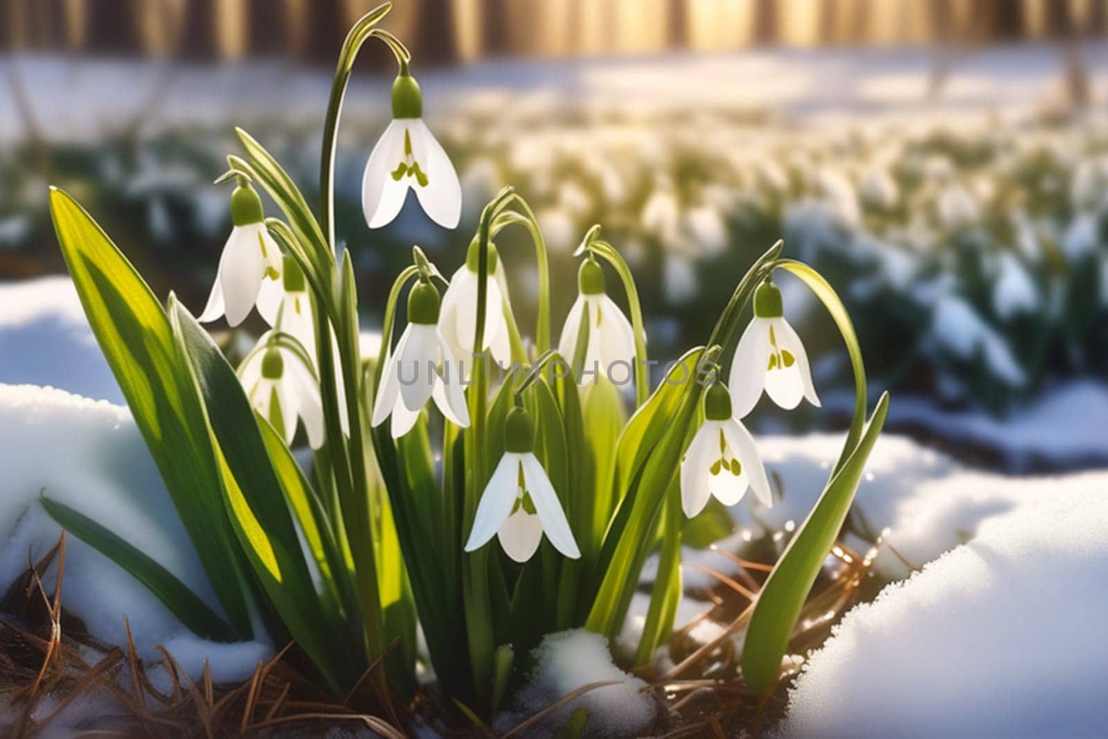 Beautiful first flowers snowdrops in spring forest. Tender spring flowers snowdrops harbingers of warming symbolize the arrival of spring. Scenic view of the spring forest with blooming flowers.