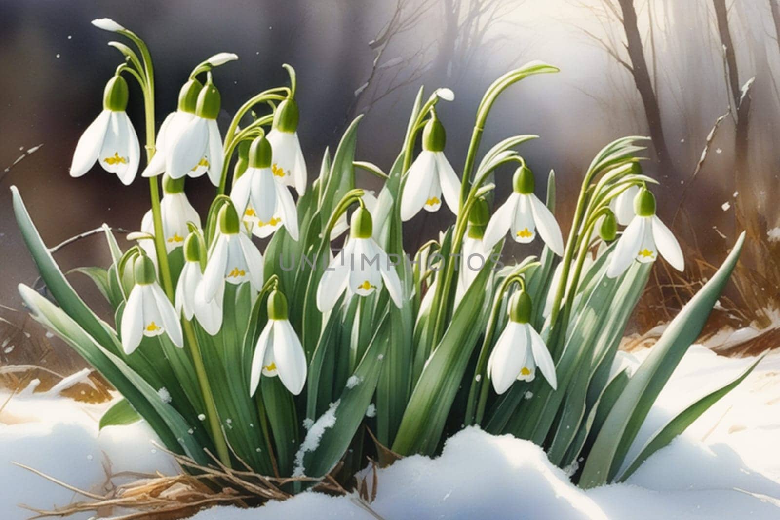 First flowers. Spring snowdrops bloom in the snow