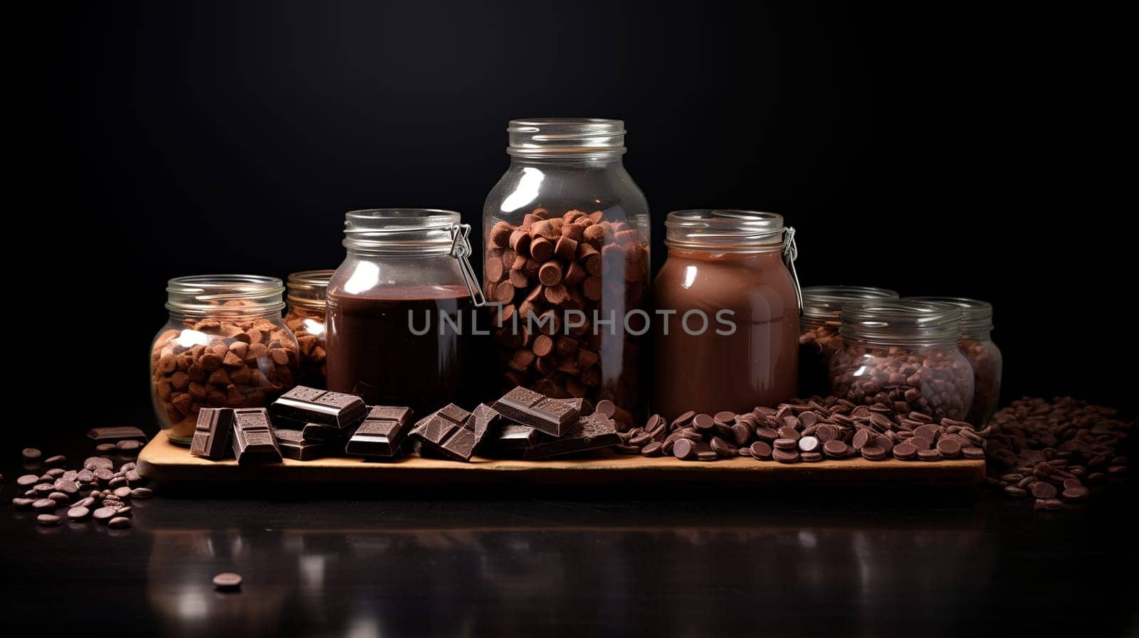 Assorted chocolates, pralines and chocolate paste, in jars on a dark wooden background, Sweet Life, World Chocolate Day by KaterinaDalemans