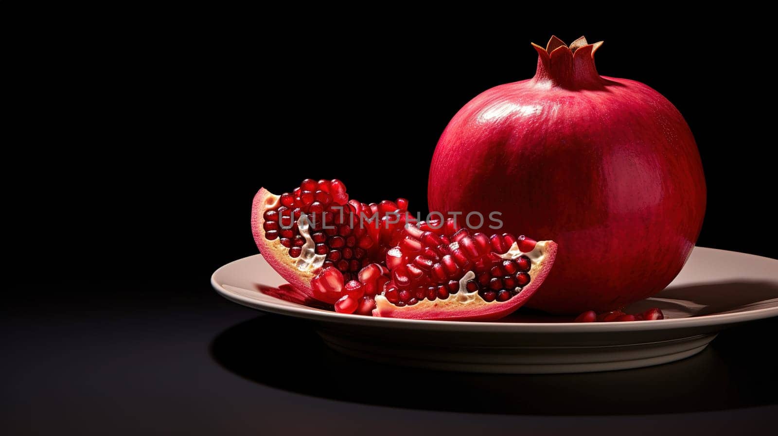 open ripe pomegranate on a black background on a plate, pomegranate delight, the fruit contains microelements by KaterinaDalemans