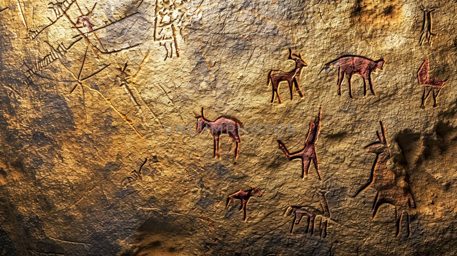 Ancient cave art depicting various animals and figures, etched onto a textured rock surface, illuminated to enhance the depth and detail of the primitive drawings. copy pspace