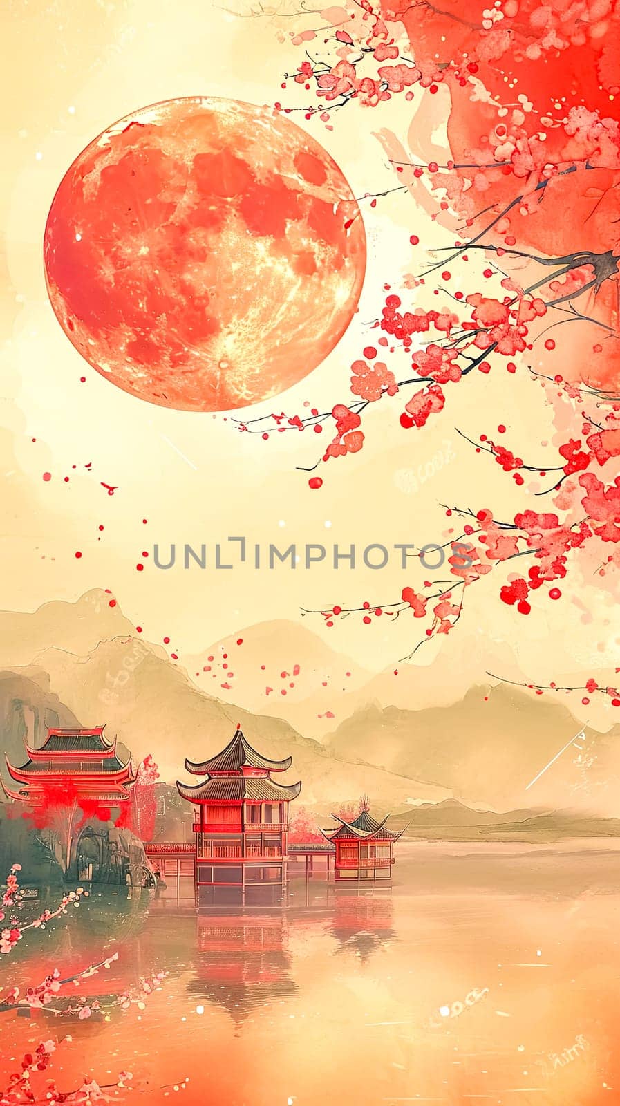 Chinese landscape painting in 3D, featuring traditional architecture, a large red moon, and cherry blossoms, all infused with a warm, ethereal glow, vertical