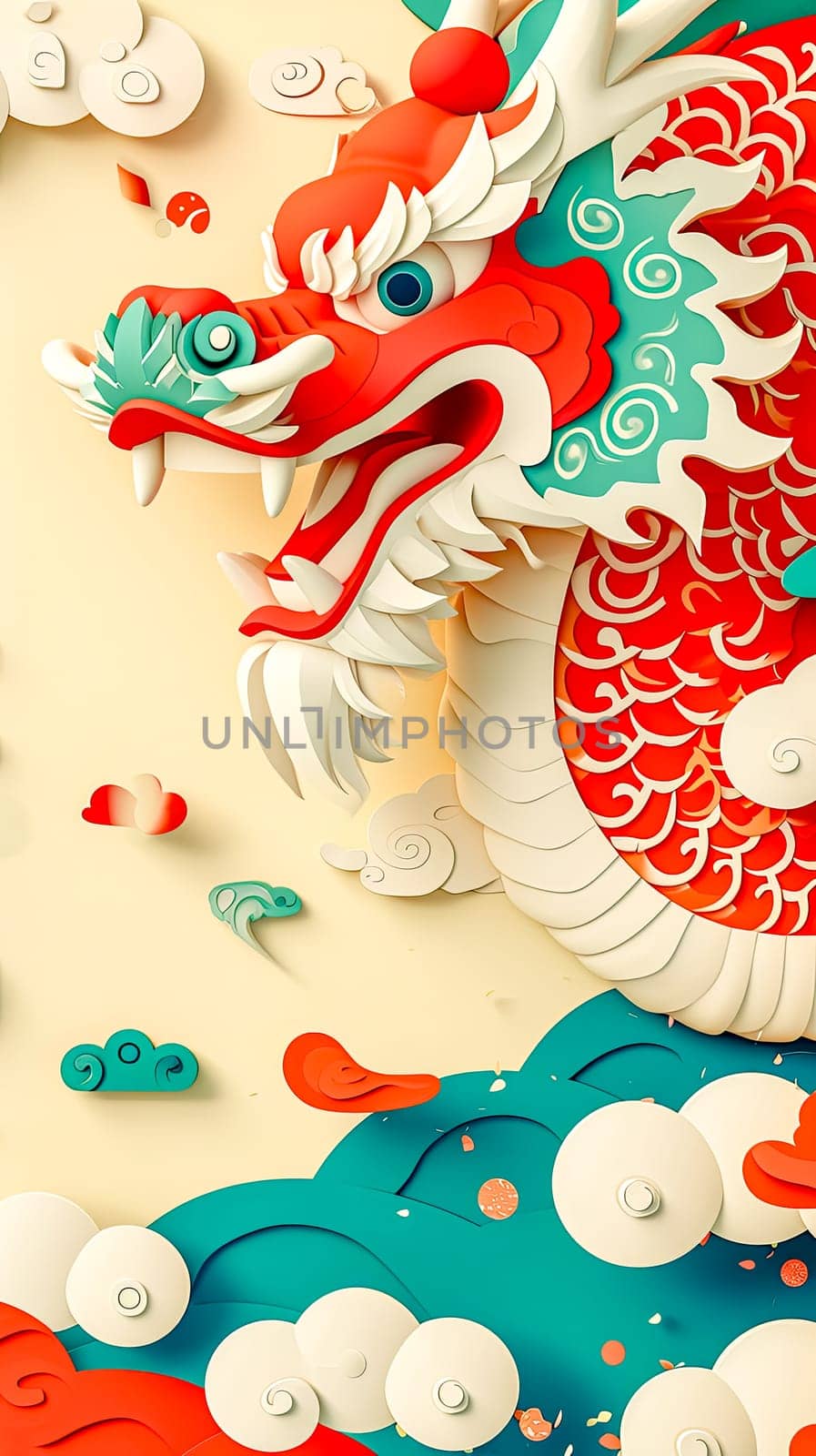 Chinese dragon in bold red and white colors, emerging from rolling teal waves with stylized clouds, against a soft beige background, vertical 3D
