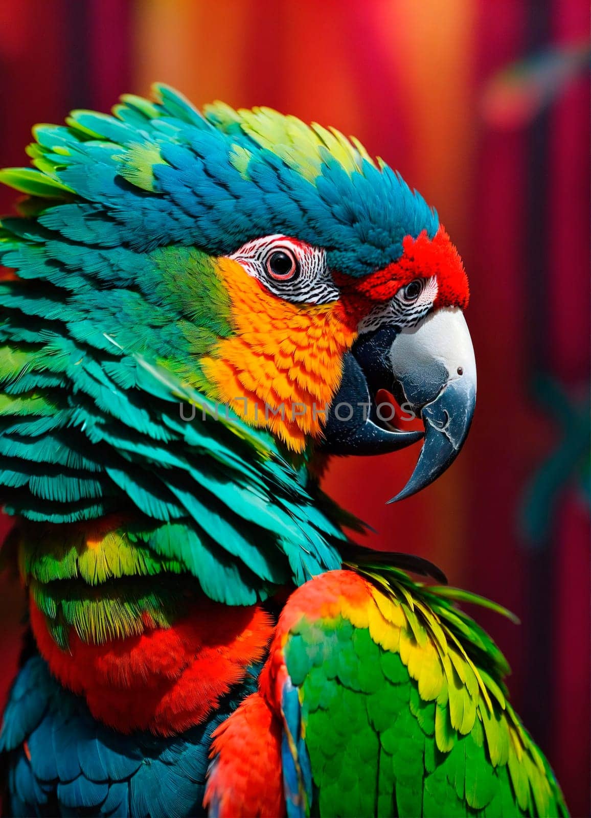 Close-up of a parrot with colorful feathers. Generative AI. High quality photo