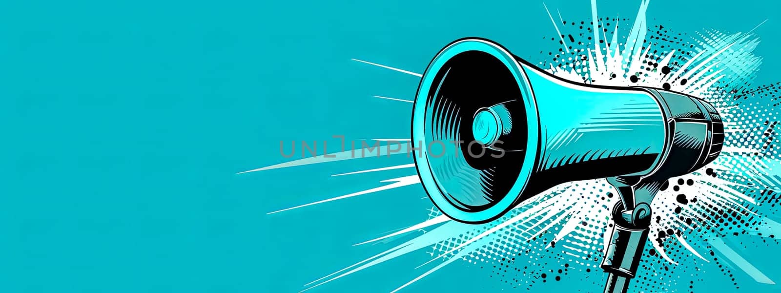 retro megaphone with sound waves emanating from it, set against a contrasting teal background, capturing attention and conveying a message of amplification and public announcement, copy space