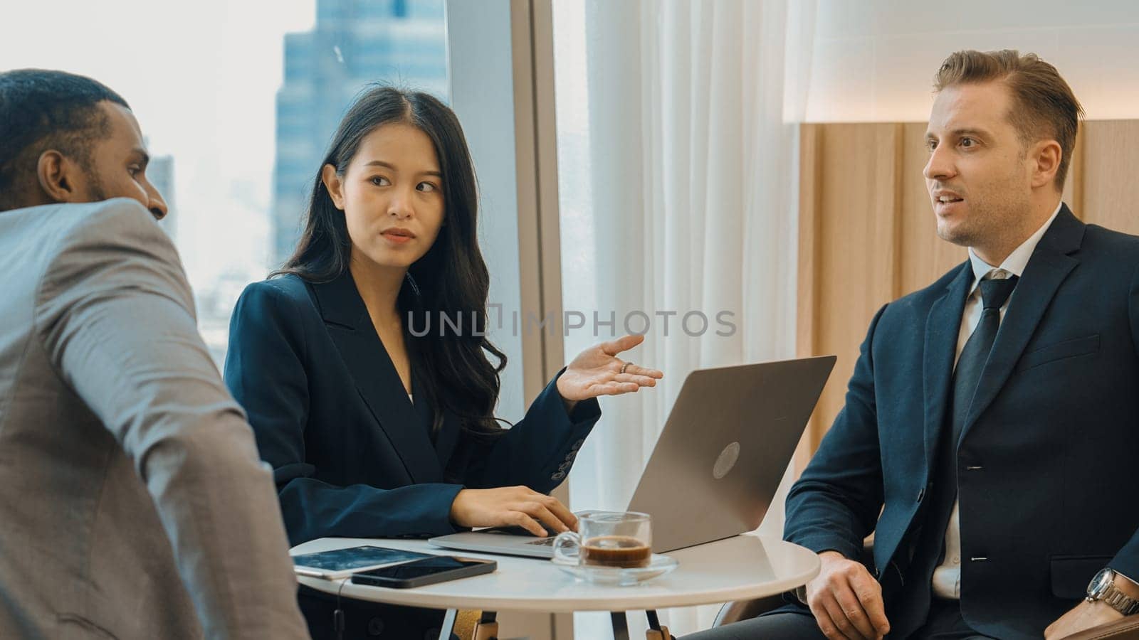 Ornamented office overlooking city skyline, diversity corporate professional discuss ambitious business expansion or strategic marketing. Financial advisor give consulting business insights and idea
