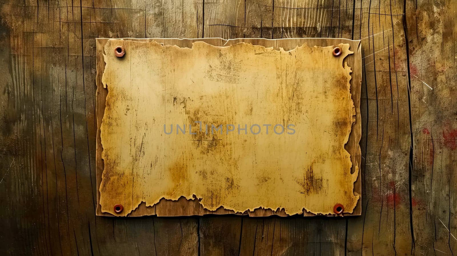 A worn and aged paper pinned onto a rugged wooden background, suggesting a vintage or rustic theme, ideal for storytelling, themed events, or historical presentations.