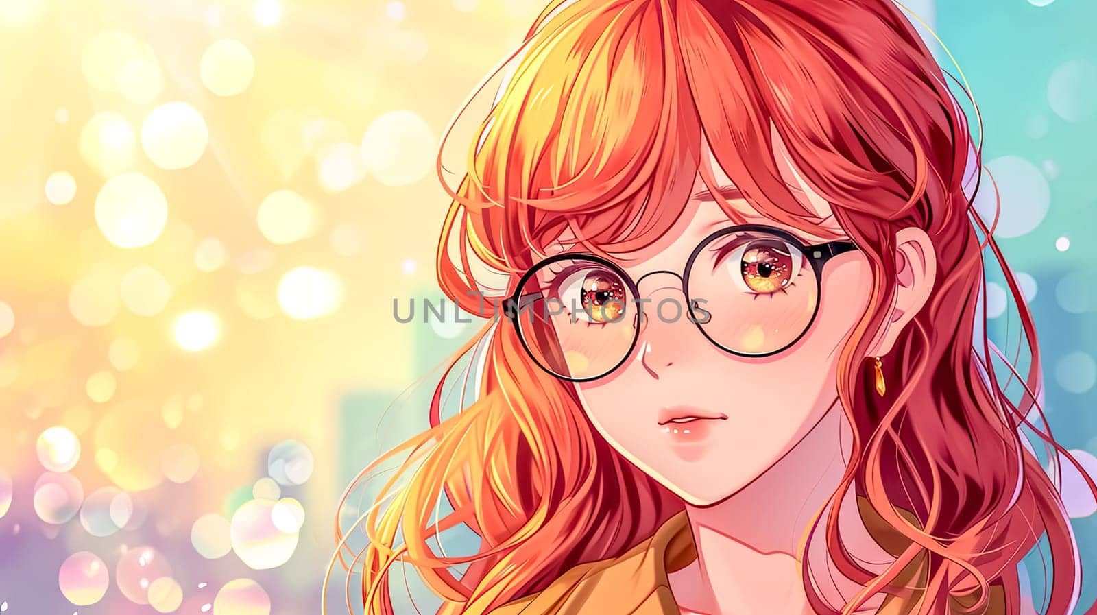 Dreamy anime-style girl with glasses, colorful bokeh background by Edophoto